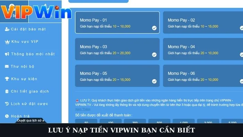 Những điều cần lưu ý khi nạp tiền tại VIPWIN