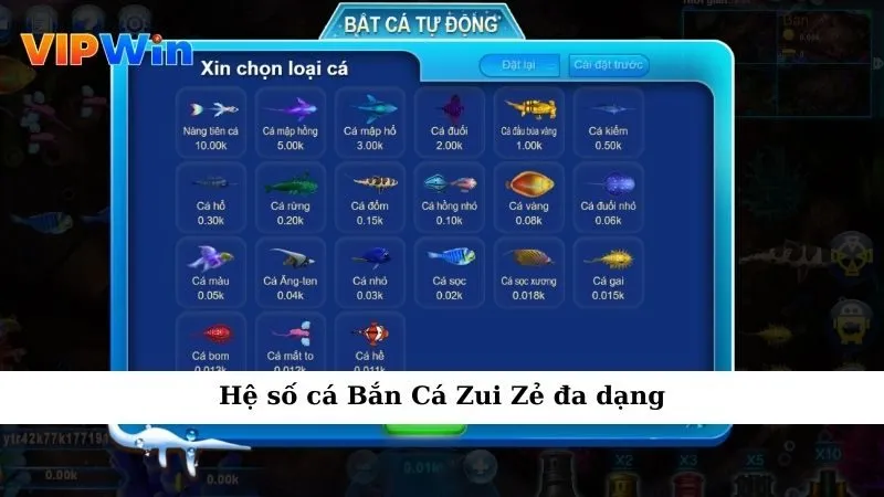 Hệ số cá Bắn Cá Zui Zẻ đa dạng