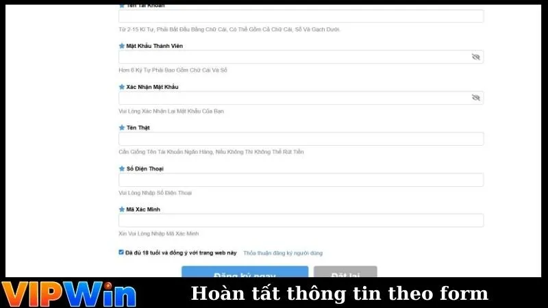 Hoàn tất thông tin theo form